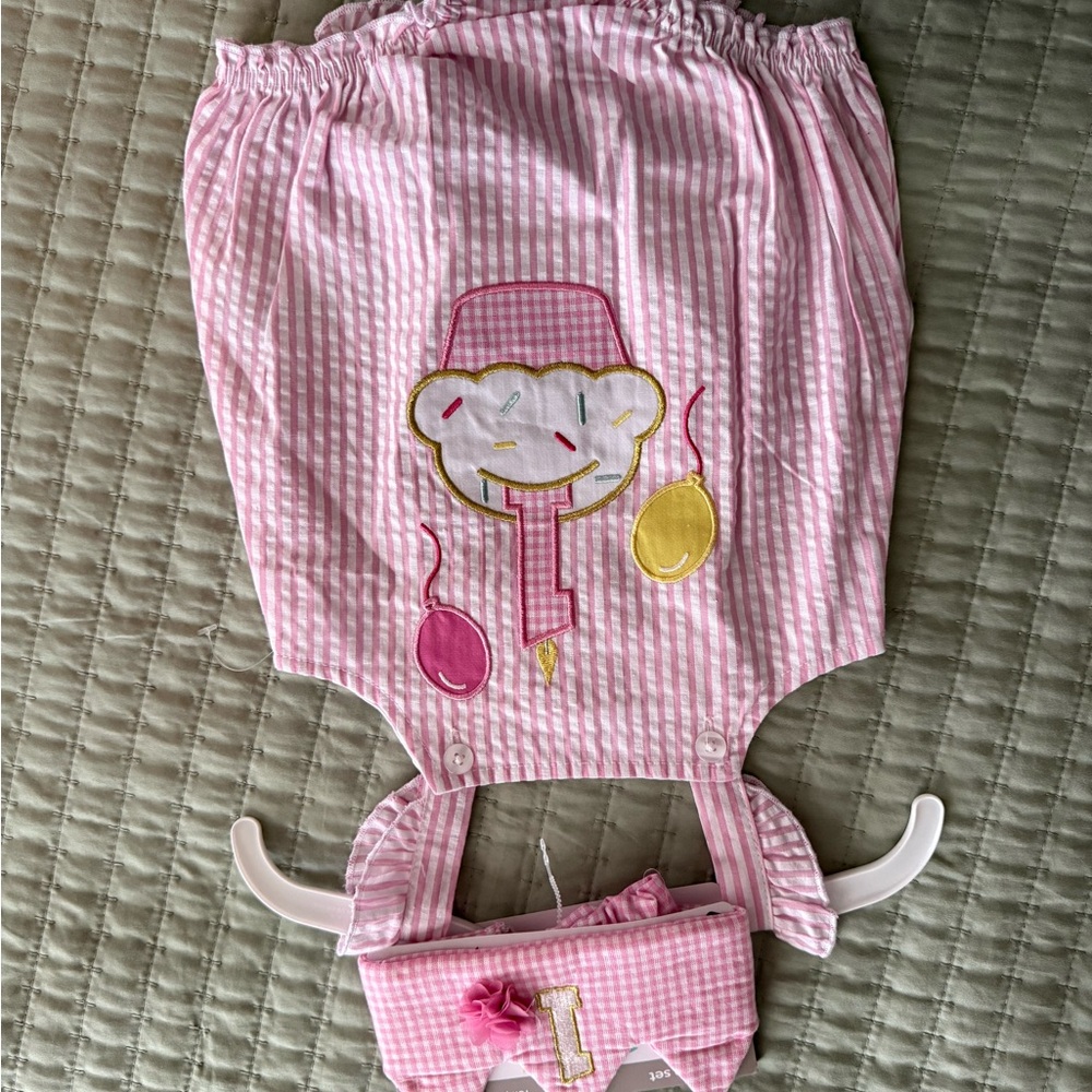 Baby Starters Pink Gingham Bubble Romper with Party Appliqué
